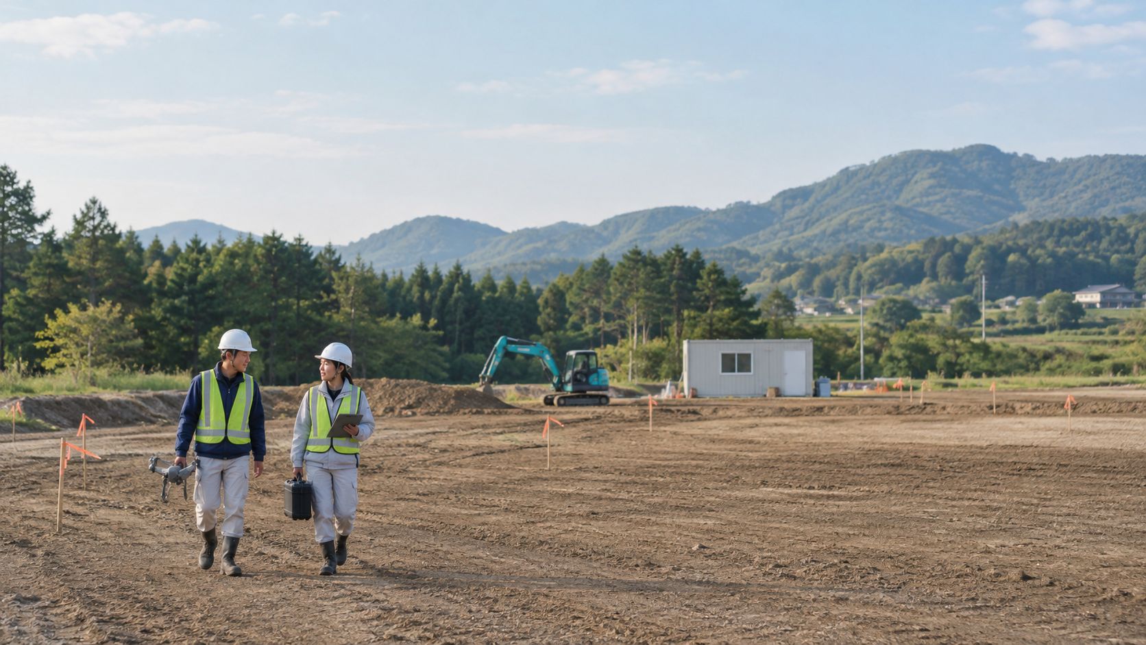 イメージ写真:測量用ドローンと機材ケースを持って、造成地を歩く2人の作業者